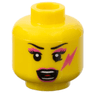 Minifigure, Head Female Black Thin Eyebrows, Eyelashes, Dark Pink Eye Shadow, Lips, and Lightning Bolt, Open Mouth with Teeth Parted and Red Tongue Pattern