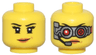 Minifigure, Head Dual Sided Female Black Eyebrows, Eyelashes, Lopsided Grin with Dark Orange Lips / Silver Mechanical Goggles with Red Lenses and Headset Pattern