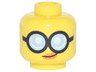 Minifigure, Head Female Glasses Round with Bright Light Blue Lenses and Black Frames, Orange Lips with Slight Crooked Smile Pattern