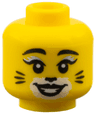 Minifigure, Head Female, Black Eyebrows and Eyelashes with Silver Highlight, White Makeup with Black Cat Nose and Whiskers Pattern