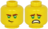 Minifigure, Head Dual Sided Reddish Brown Thick Eyebrows, Green Eyes, Chin Dimple, Lopsided Grin / Scared with Teeth Pattern