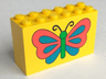 Brick 2 x 6 x 3 with Butterfly with Black Antennae, Bright Green Body, and Red and Blue Wings Pattern