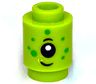 Brick, Round 1 x 1 with Alien Face with Black Eyebrow, Eye, Grin, and Bright Green Spots Pattern