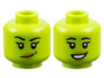 Minifigure, Head Dual Sided Female Black Eyebrows and Eyelashes, Dark Green Dimple, Medium Nougat Lips, Lopsided Grin / Open Mouth Smile with Teeth Pattern