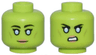 Minifigure, Head Dual Sided Alien Female Black Eyebrows and Single Eyelashes, Bright Light Blue Eyes, Olive Green Cheek Lines, Nougat Lips, Grin / Open Mouth Scowl with Teeth Pattern