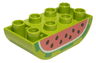 Duplo, Brick 2 x 4 Slope Curved Inverted Double with Black Seeds on Coral Background, Cut Watermelon Pattern