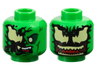 Minifigure, Head Dual Sided Alien, Partial Venom Smudge, Dark Green Eye Left / Full Black Venom with Tan Eyes and Teeth Pattern