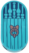 Tile, Round 2 x 4 Oval with Door with Spindles, Dark Blue Wood Grain and Copper Knocker Pattern