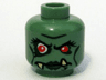 Minifigure, Head Alien Female Troll with Red Eyes, Black Eyebrows, Eyelashes, and Cheek Lines, Dark Green Lips and Eye Shadow, and Tan Uneven Fangs Pattern
