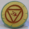 Minifigure, Shield Circular / Round Flat Face with Dark Orange and Dark Red Circle, Triangle, and Trident on Gold Background Pattern