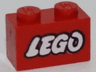 Brick 1 x 2 with LEGO Logo Open O Style White with Black Outline Pattern