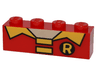 Brick 1 x 4 with Light Nougat Neck and Yellow Collar, 2 Rectangles and Letter 'R' on Black Circle Pattern (BrickHeadz Robin Chest)