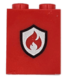 Brick 1 x 2 x 2 with Inside Stud Holder with Flames and Black and Silver Fire Logo Badge Pattern