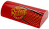 Slope, Curved 2 x 4 Double with Groove with Bright Light Orange 'Rust-eze' Logo, Dots and Black and White Stripes Pattern Model Right Side