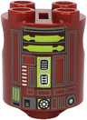 Brick, Round 2 x 2 x 2 Robot Body with Bottom Axle Holder (x Shape / + Orientation) with SW Astromech Droid Dark Bluish Gray Rectangles and Lime Utility Arms Pattern