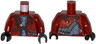Torso Open Zipper Jacket over Gray Shirt with Silver Rivets and Leather Straps, Sling Bag on Back Pattern / Dark Red Arms / Black Hands