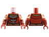 Torso Female Shirt with Center Panel with Gold and Sand Blue Stripes, Dark Brown Belt with Circle Buckle, Black Shoulders and Neck Pattern / Dark Red Arms with Molded Medium Tan Short Sleeves and Printed Dark Red Shoulders, Gold Trim and Straps on Gauntlets Pattern / Dark Red Hands