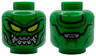 Minifigure, Head Alien with Lime Eyes with Black Outlines, Dark Green Contour Lines, Silver Mechanical Mouth Smile Pattern