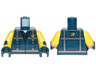 Torso Safety Vest with Pockets, Silver Reflective Crossed Stripes, and Lime Stylized Capital Letter R over Black Shirt and White Undershirt Pattern / Yellow Arms with Dark Blue Cuffs Pattern / Dark Blue Hands