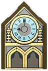 Tile, Modified 2 x 3 Pentagonal with Clock with Metallic Light Blue Face, Roman Numerals, and Arches Pattern