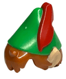 Minifigure, Hair Combo, Hair with Hat, Messy with Molded Bright Green Pointed Hat with Red Feather and Printed Light Nougat Pointed Ears Pattern