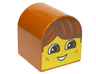 Duplo, Brick 2 x 2 x 2 Slope Curved Double with Yellow Boy Face, Dark Brown Hair, Open Mouth Smile with Teeth, Freckles Pattern