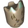 Minifigure, Head, Modified Groot with Dark Brown Tree Bark, Sand Green Moss, Small Black Eyes with White Pupils, Slight Smirk Pattern