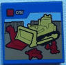 Tile 2 x 2 with LEGO City Set Box Art, Yellow Bulldozer, Red Wheelbarrow and Construction Worker Minifigure Pattern