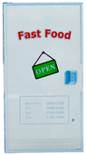 Door 1 x 4 1/2 x 6 with Red 'Fast Food', White 'OPEN' on Green Sign, and Hours of Operation Pattern