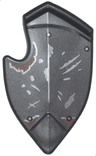 Minifigure, Shield Broad Pointed Bottom and Cutout Corner with Dark Silver Scratches and Rivets and Reddish Brown Rust Pattern