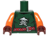 Torso Ninjago Female Shirt Tattered with White Skull with Crossed Swords Logo, Dark Red Belt with Buckle Pattern / Orange Arms / Reddish Brown Hands