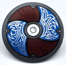 Minifigure, Shield Circular / Round Convex Face with Blue and Dark Red Alternating Panels with Silver Center Circle and Odin's Ravens Pattern