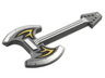 Minifigure, Utensil Musical Instrument, Guitar Electric Axe with Silver Blades and Strings, Black and Gold Bat Wings Pattern