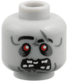 Minifigure, Head Alien Zombie with Black Eyebrows, Right Raised, Red Eyes, Dark Bluish Gray Eye Shadow, Scar, Dimples and Drool, Open Mouth Snarl with Missing Teeth Pattern