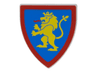 Minifigure, Shield Triangular Short with Yellow Lion Standing with Raised Foot on Blue Background with Red Border Pattern