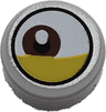 Tile, Round 1 x 1 with White Eye with Off-Center Reddish Brown Iris and Partially Closed Yellow Eyelid Pattern