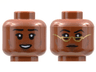 Minifigure, Head Dual Sided Female, Black Eyebrows, Dark Brown Cheek Lines and Lips, Open Smile / Neutral with Gold Glasses Pattern