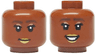 Minifigure, Head Dual Sided Female Dark Brown Eyebrows, Black Eyelashes, Copper Eye Shadow, Gold Lips, Closed Mouth Smile / Open Mouth Grin with Teeth Pattern