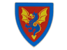 Minifigure, Shield Triangular Short with Blue and Yellow Dragon on Red Background Pattern