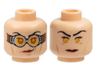 Minifigure, Head Dual Sided Female Black Long Eyebrows, Eyelashes, Medium Nougat Cheek Lines, Red Lips, Smirk, Chin Dimple and Silver Goggles with Reddish Brown Strap / Neutral and Bright Light Orange Eyes Pattern