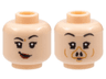 Minifigure, Head Dual Sided Female, Black Eyebrows, Lopsided Grin with Dark Red Lips / Pig Snout Pattern