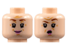 Minifigure, Head Dual Sided Female Reddish Brown Eyebrows, Black Double Eyelashes, Medium Nougat Dimples, Chin Dimple, Forehead Creases and Wrinkles, Dark Pink Lips, Grin / Surprised Open Mouth and Left Eyebrow Raised Pattern