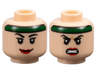 Minifigure, Head Dual Sided Female Black Eyebrows, Eyelashes, Red Lips, Dark Green Headband, Grin / Angry Bared Teeth Pattern