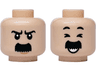 Minifigure, Head Dual Sided Black Eyebrows and Thick Straight Moustache, Medium Nougat Chin Dimple, Stern / Closed Eyes, Open Mouth Grin with Teeth Pattern