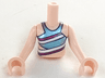 Torso Mini Doll Girl Metallic Light Blue Swimsuit Top with Magenta and White Diagonal Stripes Pattern, Light Nougat Arms with Hands