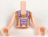 Torso Mini Doll Girl Tan Overalls with Lavender Pocket and Straps over Coral and Lime Shirt Pattern, Light Nougat Arms with Hands