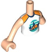 Torso Mini Doll Girl White Sleeveless Top with Orange Tent, Dark Blue Trees, Dark Turquoise Sky and Ground Pattern, Light Nougat Arm Left, Light Nougat Arm with Hand Right