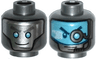 Minifigure, Head Dual Sided Alien Robot with Silver Face with Medium Azure Eyes / Medium Azure Visor with Headset and Eyepiece Pattern