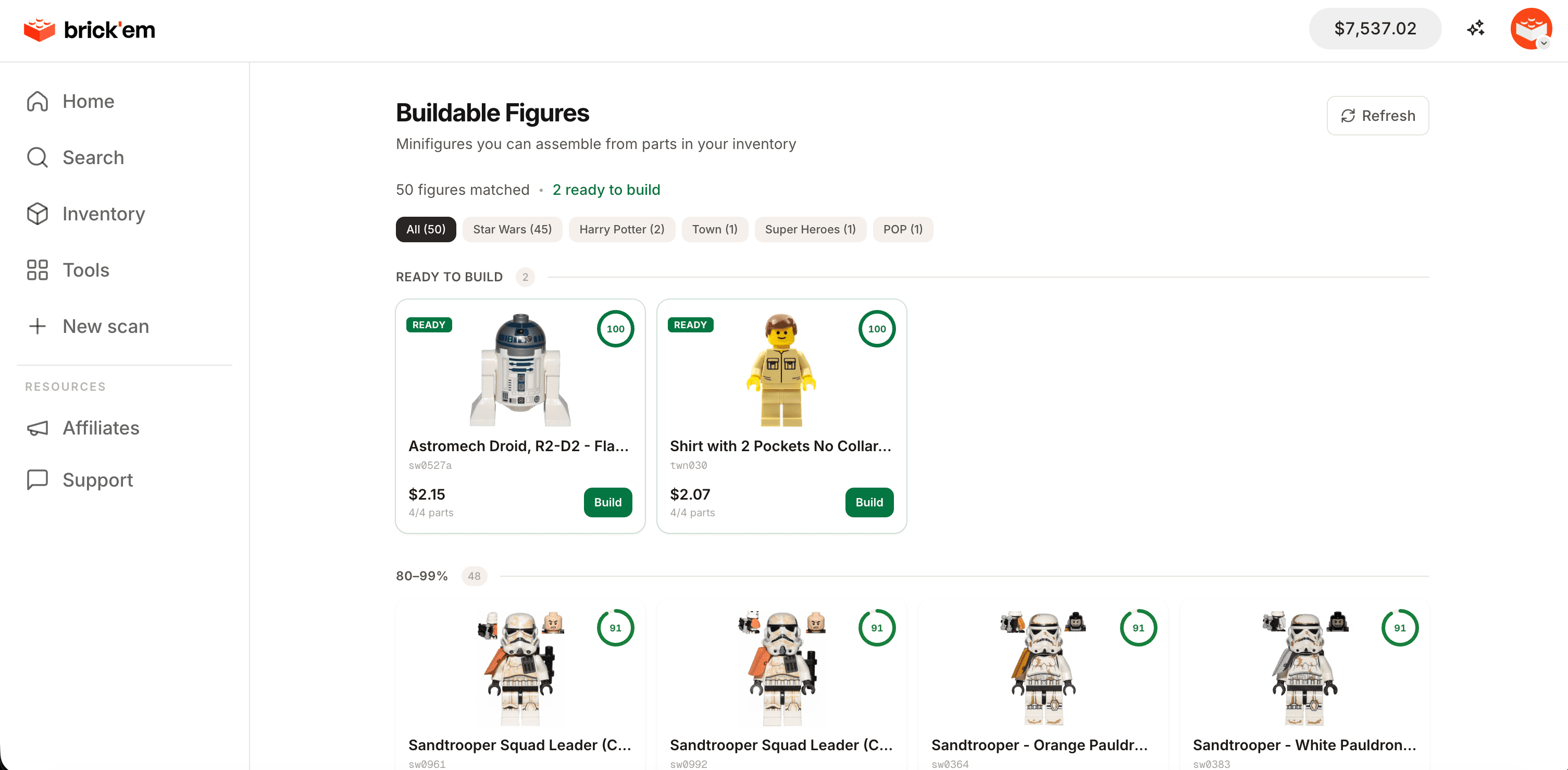 brick'em buildable figures: 50 figures matched, 2 ready to build, the rest sorted by completion