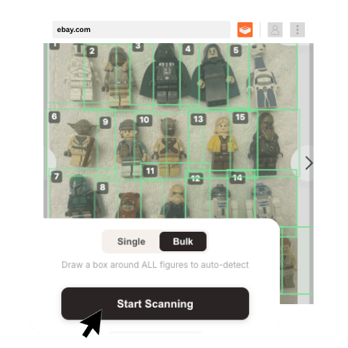 brick'em Chrome extension scanning a LEGO minifigure